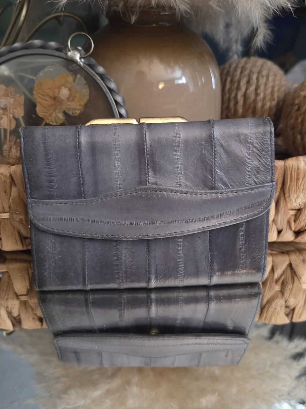 Vintage Genuine Eel Skin Leather Wallet Clutch Gray Korea Gold Frame
